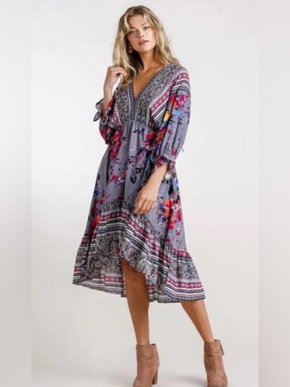 Umgee Boho High-Low Floral Midi Dress Size Large